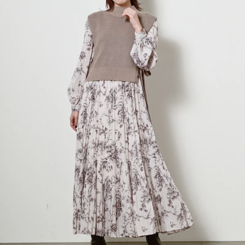 

Elegant Three Piece Set Women Japanese Vintage Printed Pleated Dress Women + Solid Stand Collar Knit Vest Kawaii Casual Loose