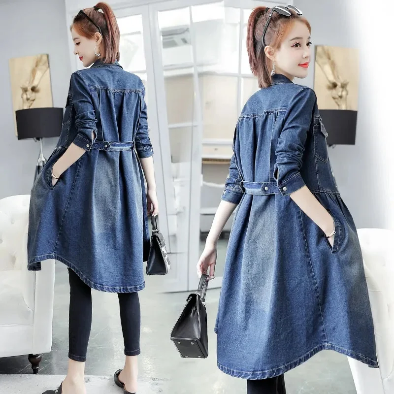 Тренчкот женский джинсовый средней длины модная Повседневная джинсовая куртка в