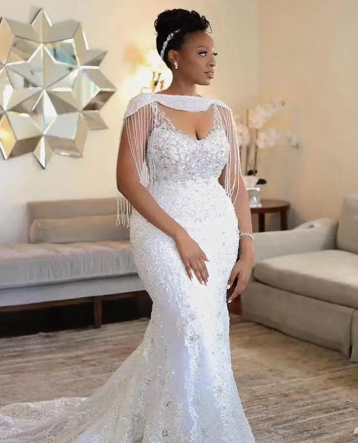 

African Mermaid Wedding Dress Shawl Tassel Beading Crystal Lace Appliqued Plus Size Halter Handmade Marriage Bridal Gowns