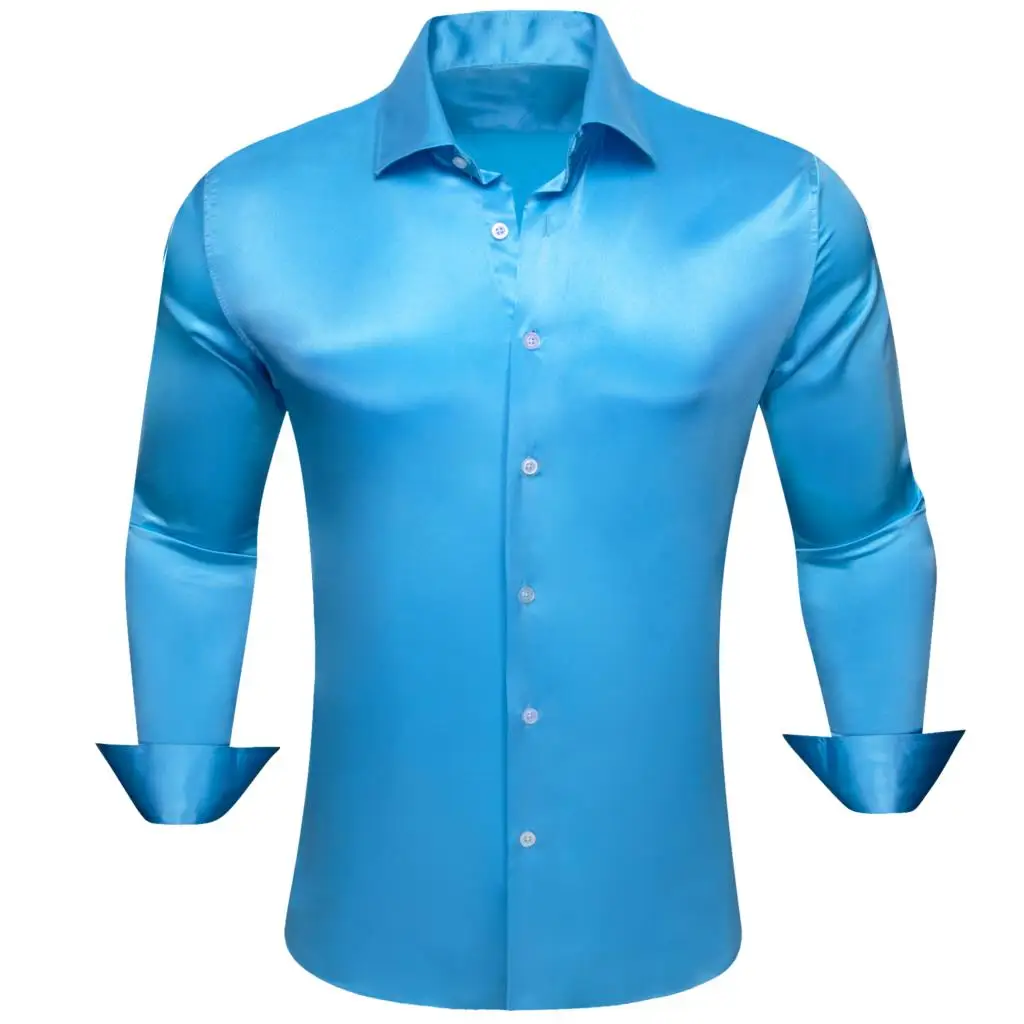 

Designer Shirts for Men Silk Satin Blue Teal Plain Long Sleeve Slim Male Blouse Casual Formal Tops Breathable Barry Wang