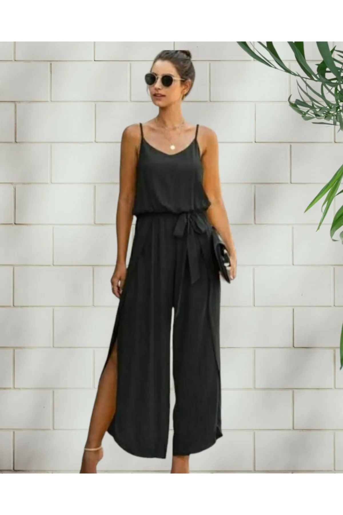 

Women's Overalls Strap Belted Black Jumpsuit With Deep Leg slis On The Sides Hot Casual Fashion Jumpsuit