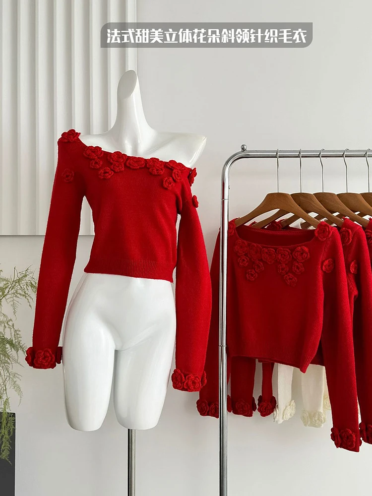 Женский рождественский красный пуловер с 3D цветочным принтом свитер Harajuku Y2k