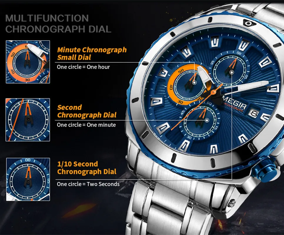 MEGIR Бизнес Часы для Мужчин Кварцевые Наручные Из Нержавеющей Стали Роскошные