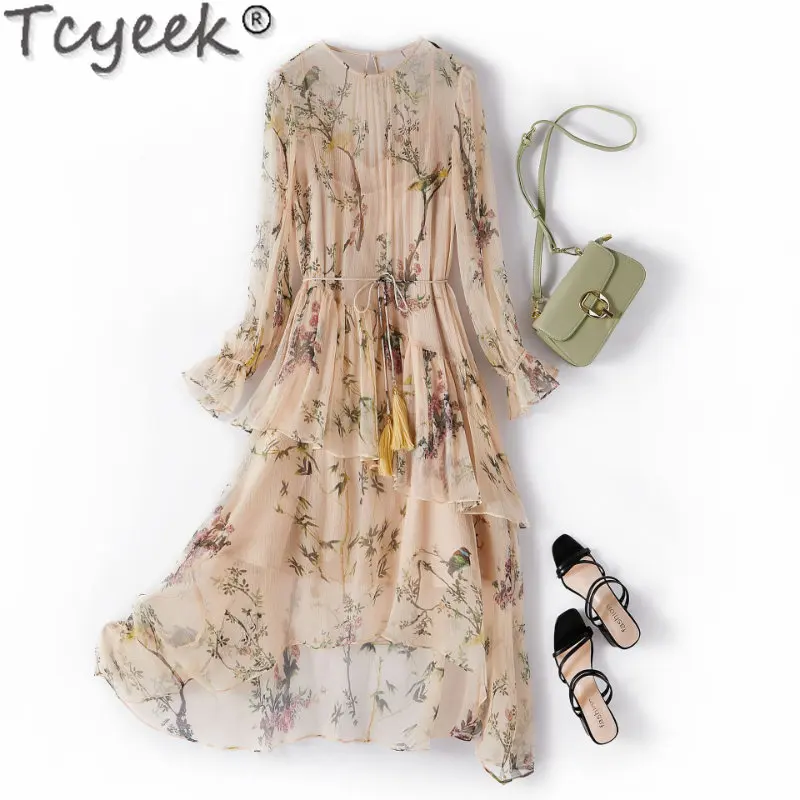 Tcyeek 100% Mulberry Silk Dress Summer Floral Printed Dresses Women Elegant Real Silk Dress Korean Style Woman Dress Full Sleeve
