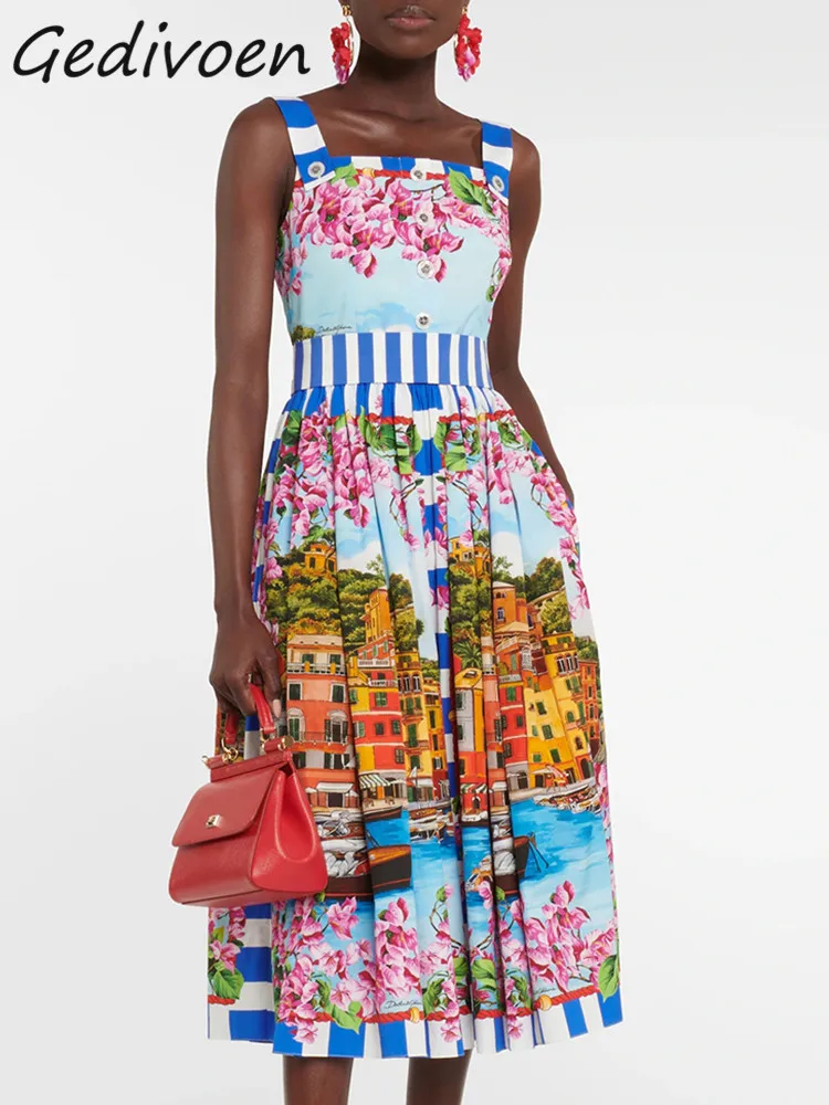

Gedivoen Summer Fashion Runway Vintage Print Sundress Women Square Collar Button Backless High Waist Big Size Casual Midi Dress