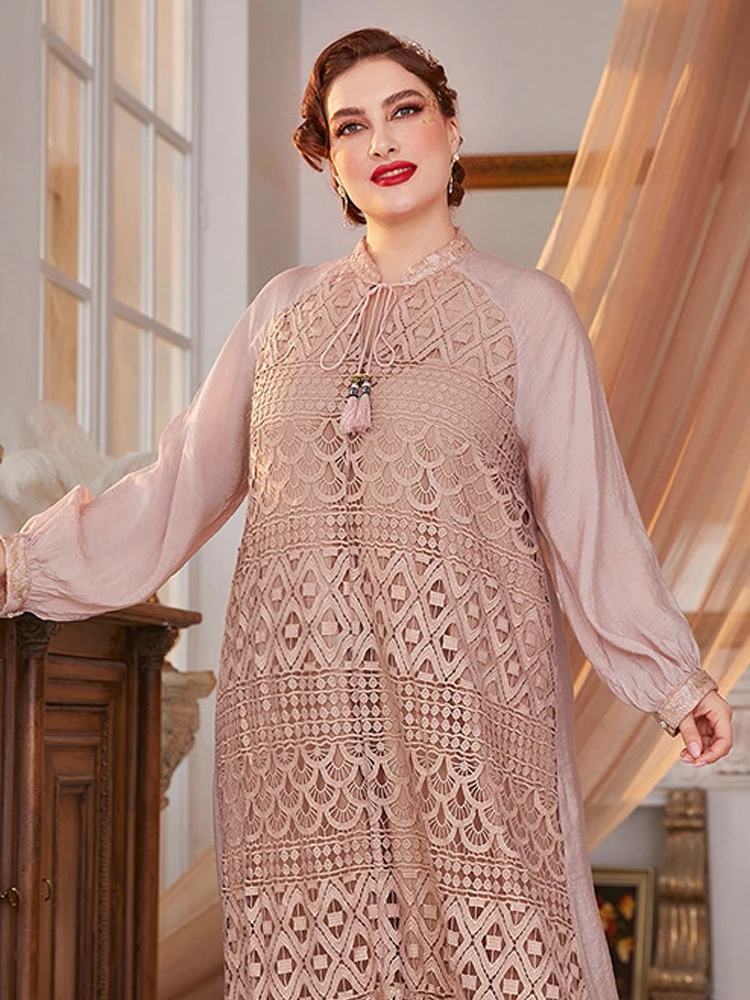 Large Size Muslim Long-sleeved Dress Stand Collar High Waist Hollow Out Temperament Elegant Tassel Style Commuting Spring Autumn