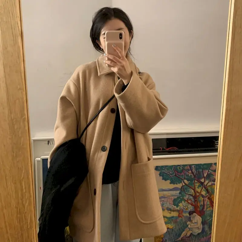 

Women's Woolen Coat 2021 New Design Korean Chic Fashion Womens Long Sleeve Solid Color Single Breasted Button Full Jackets Coats