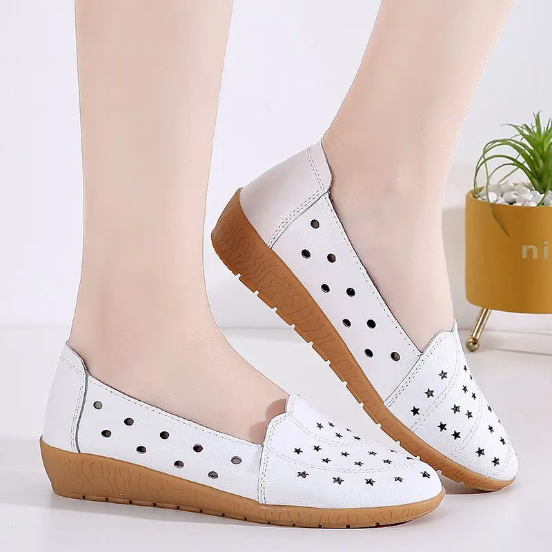 Breathable Woman Flats Summer Loafers White Shoes Ladies Office Walking Moccasins Women's Flat Boat Shoes Female Peas Shoes