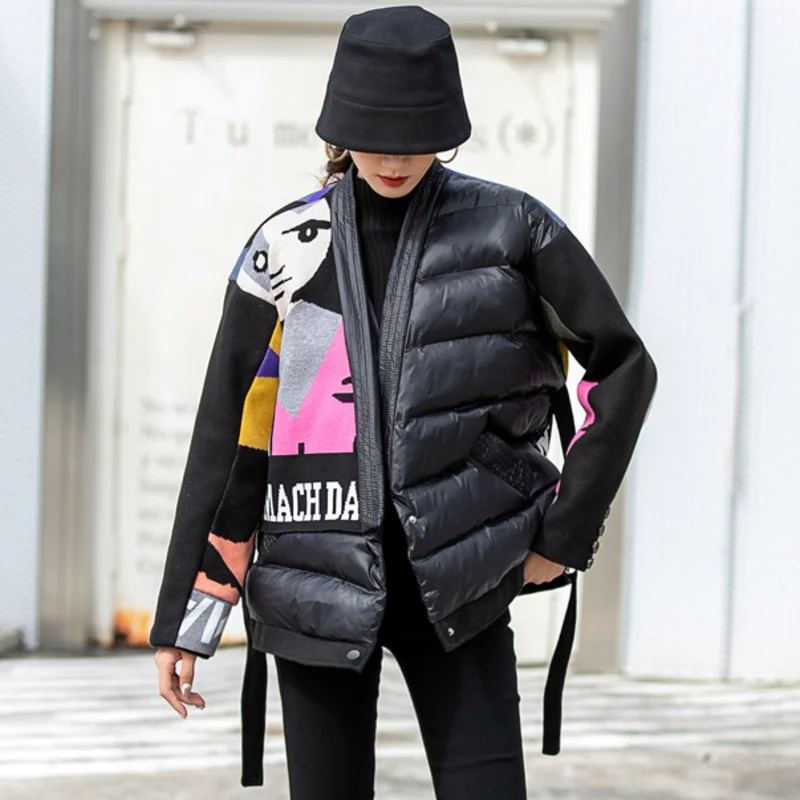 

Panelled Print Cotton Padded Coats 2022 Autumn Army Green Overcoats Jackets Thickened Cartoon Keeps Warm Queen Clothing M033