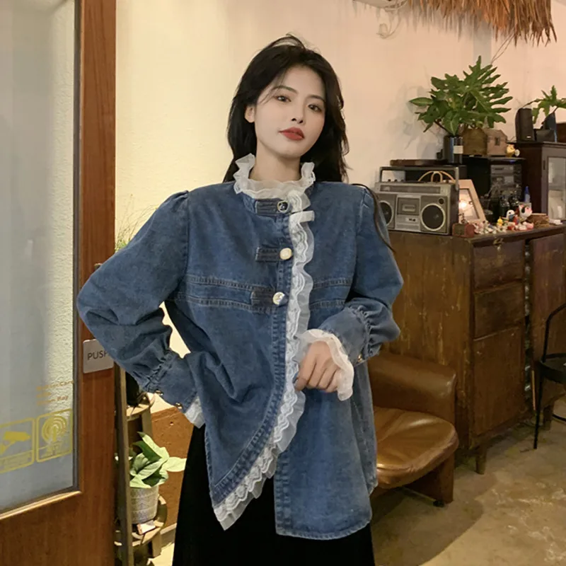 

Осенние женские милые кружевные Джинсы Топ в стиле «преппи» винтажные японские корейские дизайнерские Элегантные джинсовые рубашки блузк...