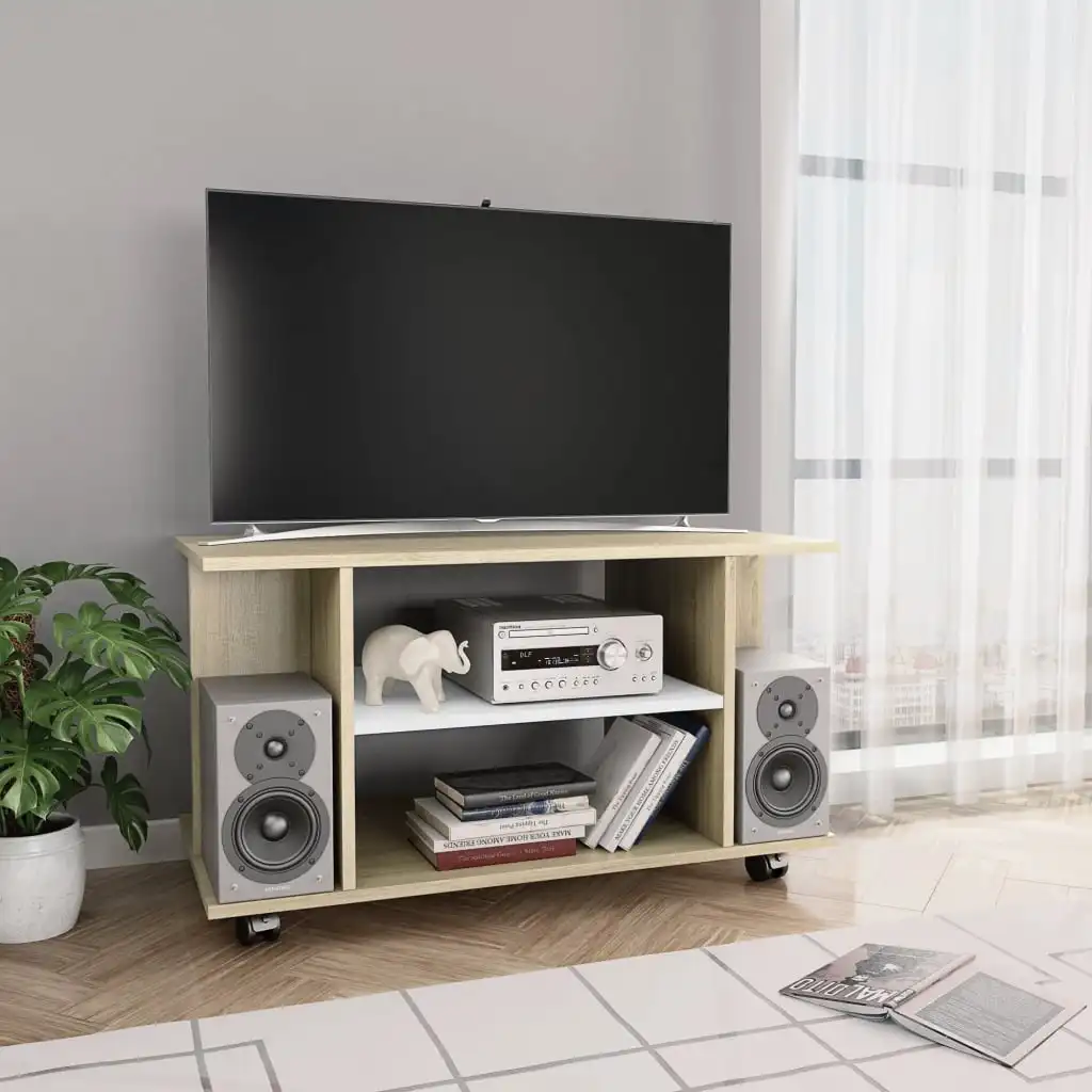 

TV Media Console Television Entertainment Stands with Castors White and Sonoma Oak Chipboard