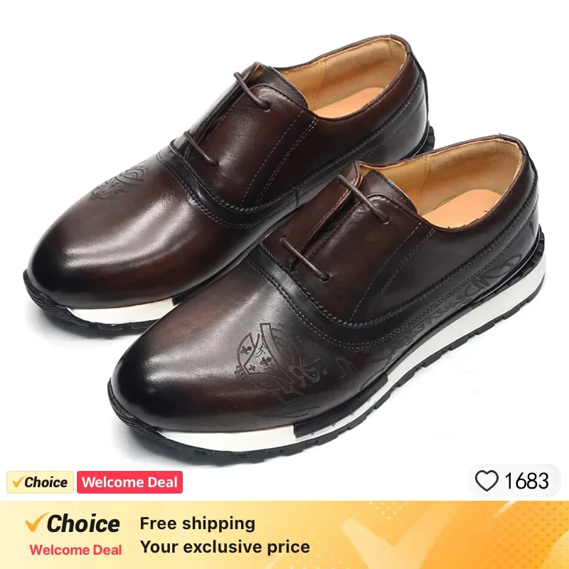 Classic Men's Casual Leather Shoes Lace-up Luxury Handmade Brock Comfortable Outdoor Dating Dress