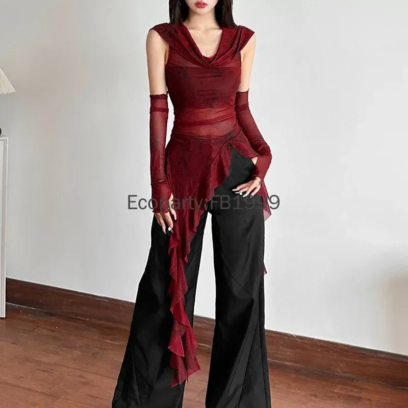 Женская прозрачная однотонная футболка с капюшоном и рюшами S/M/L цвет в