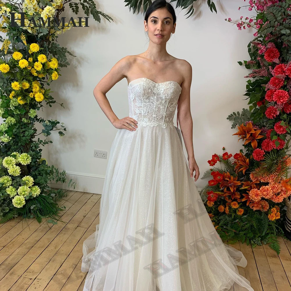 

HAMMAH Modern A Line Wedding Gown For Bride Sweetheart Pleats Glitter Tulle Lace Appliques Sleeveless Lacing Up Made To Order