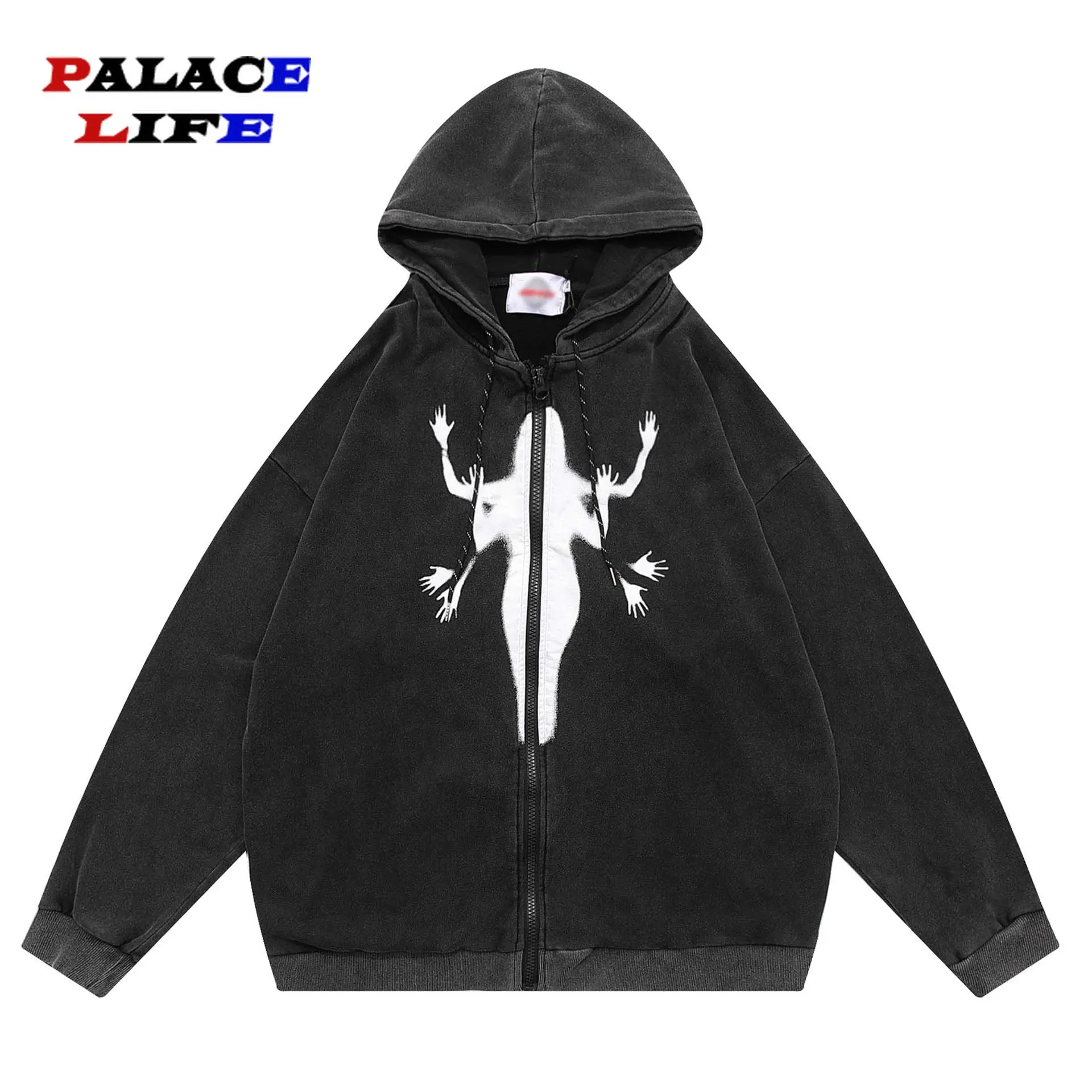 

Vintage Men Hoodie Sweatshirt Jacket Portrait Shadow Graphic Washed Fleece Zipper Hooded Coats Unisex Cotton Gothic Punk Jackets