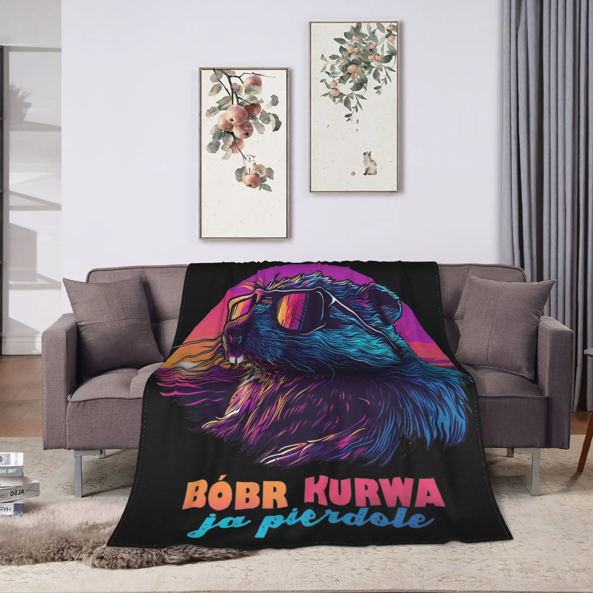 Фото Теплое мягкое одеяло Synthwave Polish Beaver Meme Ja pierdole Bobr Bober Kurwa, фланелевое покрывало для дивана, кровати №2