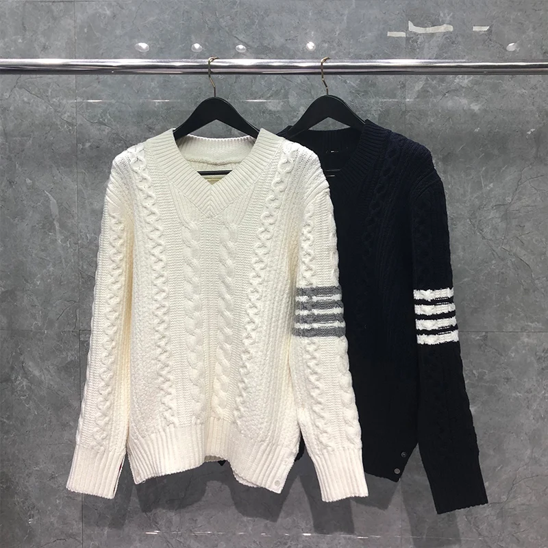 TB THOM Sweater Winter  Fashion Brand Men's Clothing Arm Cable 4-Bar Stripes V-Neck Pullovers Coats Casual Harajuku Sweaters