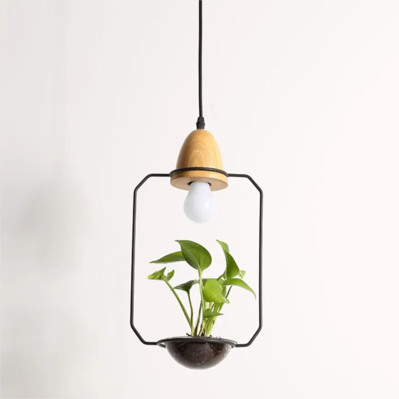 Фото Art Deco Led Plant Hanglamp Met Houten Basis E27 Creatieve Rustieke Pot Cultuur Opknoping Lamp Voor Eetkamer Cafe bar Restaurant №1