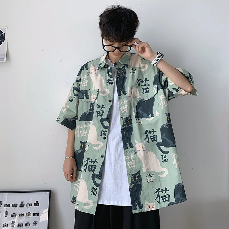 Men's Shirt Summer Short Sleeve Korean Fashion Tops Baggy Cartoon Elements Cat Cardigan Harajuku Blouses Oversized Male Clothes
