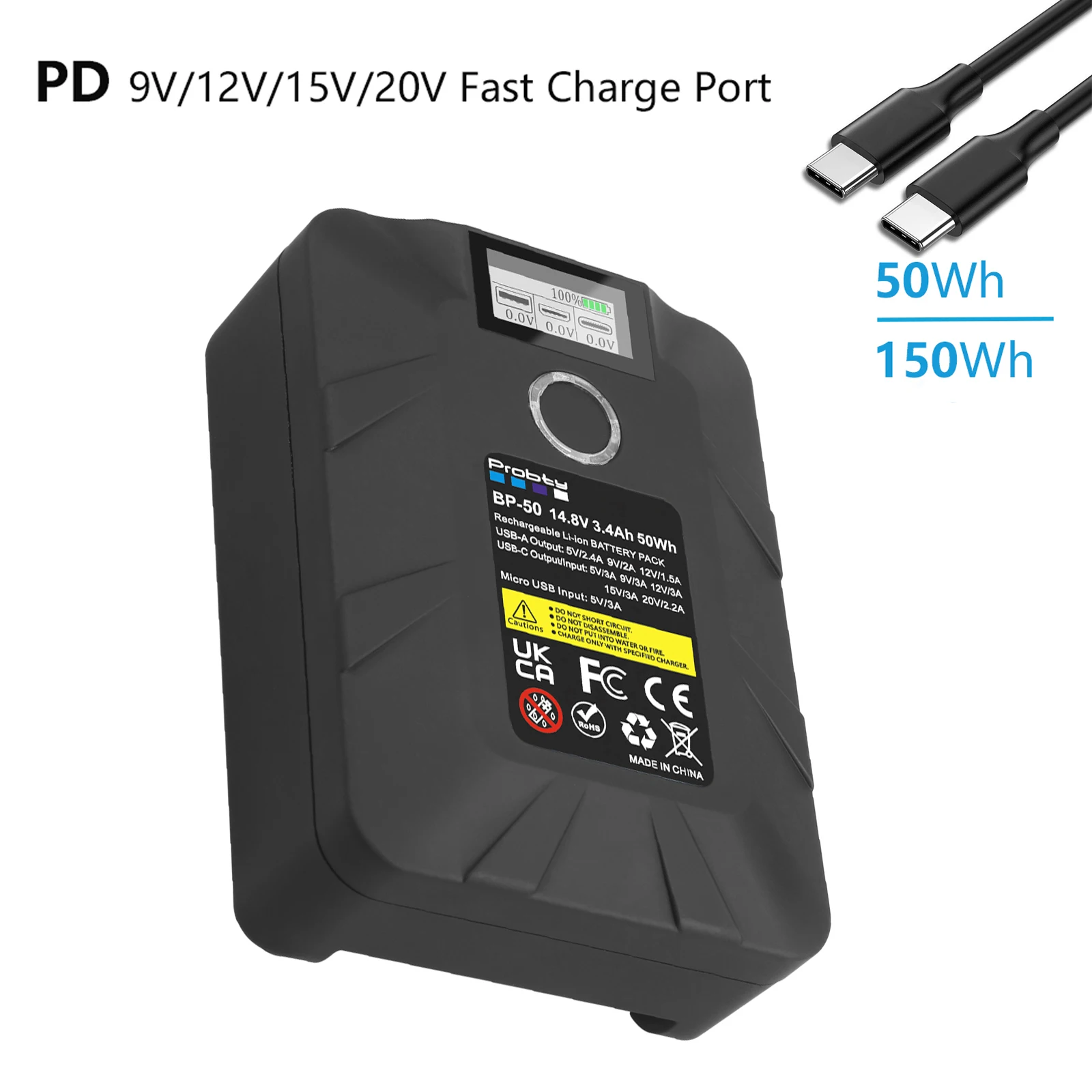 Аккумуляторная батарея с V-образным креплением, 14,8 В, 50 Вт/ч, Вт/ч, с OLED-дисплеем, Тип C PD, порт быстрой зарядки, батарея BP