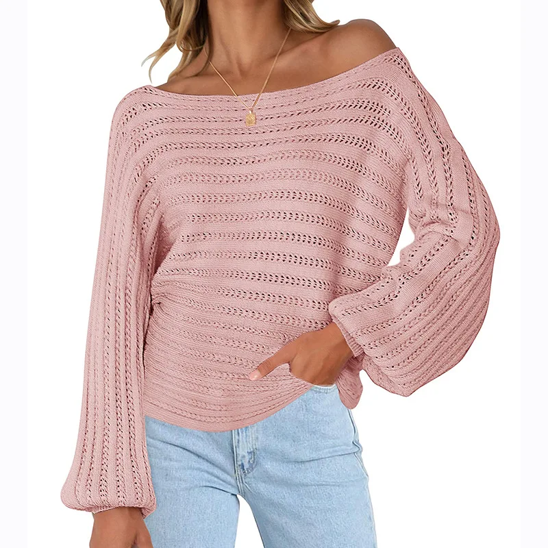 

2022 Autumn Women Sweater Full Sleeve Sexy Slash Neck Off-Shoulder Loose Casual Knitting Hollow Out Winter Female Pullover C4199