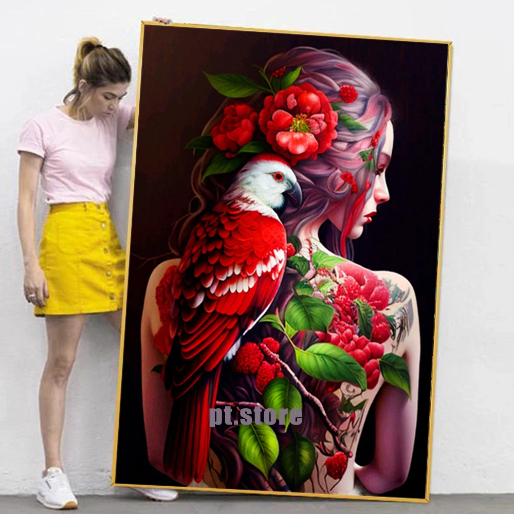 

Fashion Sexy Tattooed Woman Lion Peacock Butterfly Flowers Abstract Art Canvas Painting Color Graffiti Posters Prints Home Decor