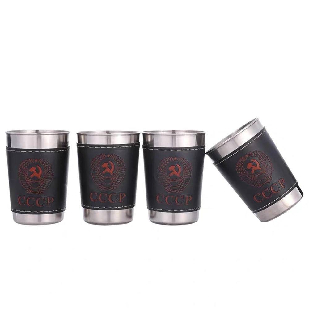 

Vodka Cup 304 PU holster Russia Stainless Steel Mini Wine Tumbler Portable Personalized 4pcs 30ml/75ml/170ml Shot Glass Set