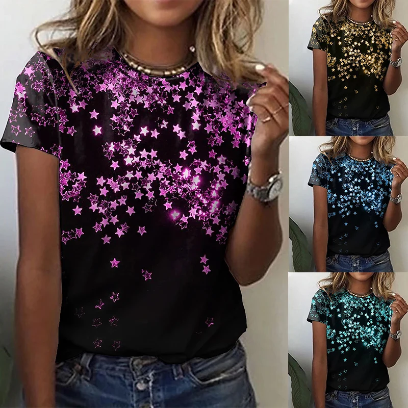 

2022 Women's Painting T-Shirts Star Print Plus Size Tops Crew Neck Basic Tops Green Blue Pink/3D Printed Summer Women's T-Shirts
