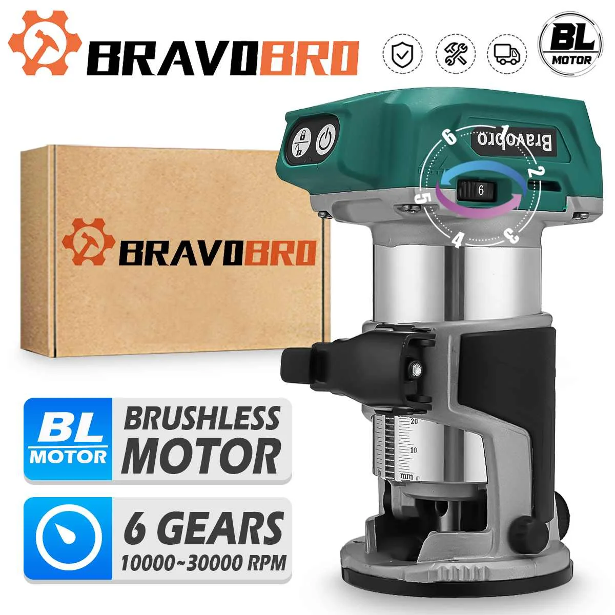 

Беспроводной бесщеточный Электрический триммер Bravobro, 1580 Вт, 6 передач, гравировальная отделка, фотороутер для батареи Makita 18 в