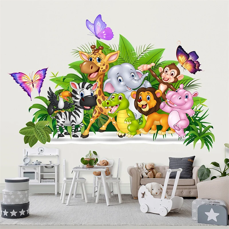 

Cute Cartoon Forest Animals Wall Stickers for Kids Rooms Boys Baby Room Decoration Jungle Elephant Giraffe Lion Monkey Wallpaper