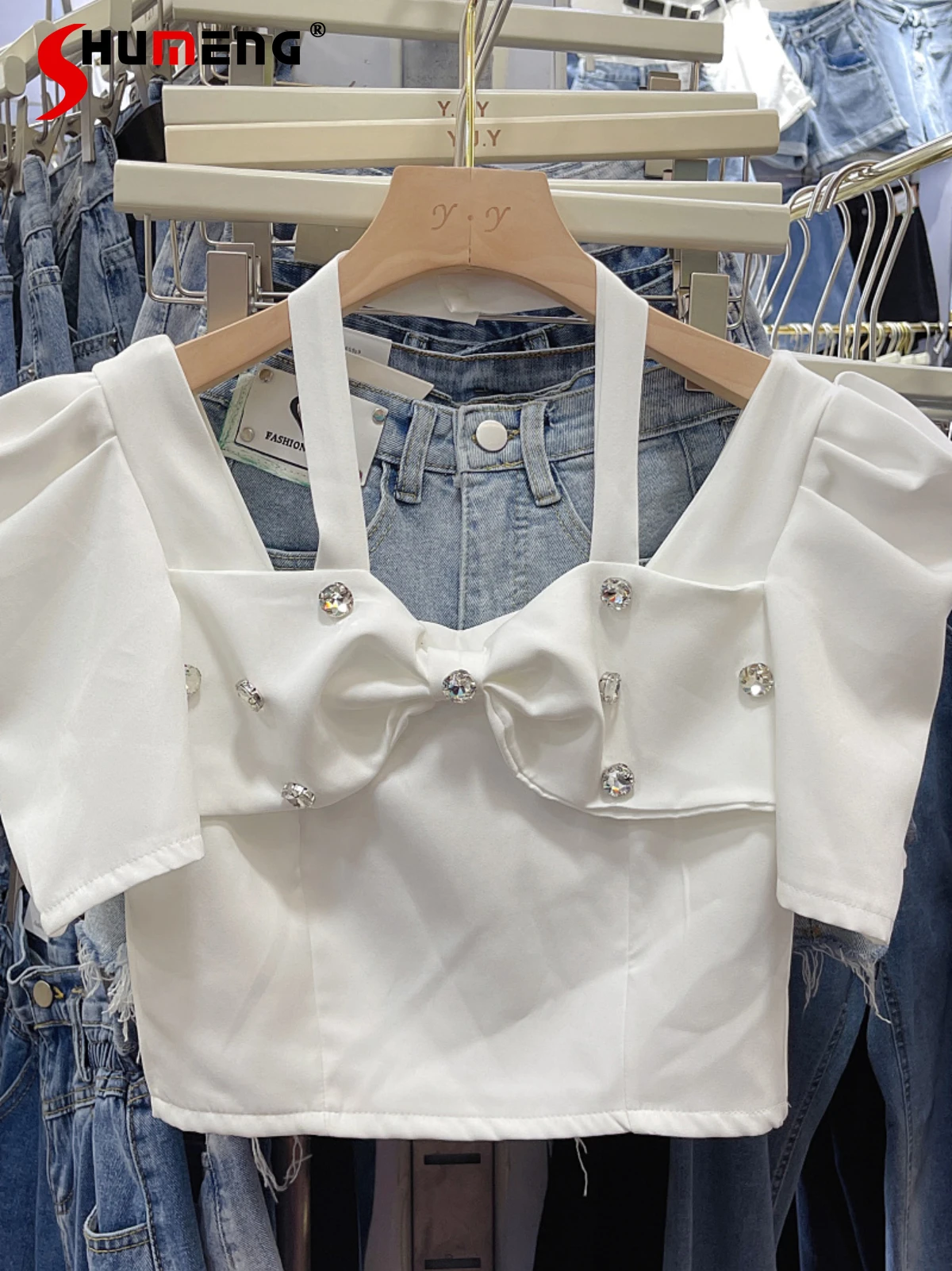 

Halter Short Ladies Tops Summer Exquisite Rhinestone Bow Puff Short Sleeve Shirt Women's Fashion Solid Color Elegant Blouse