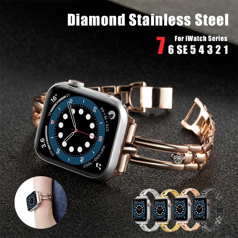 

41 45mm Diamond Stainless Steel Watch Band For Apple Watch 7 Metal Strap for iWatch 6 SE 5 4 3 2 Series 38 42mm 40 44mm Bracelet