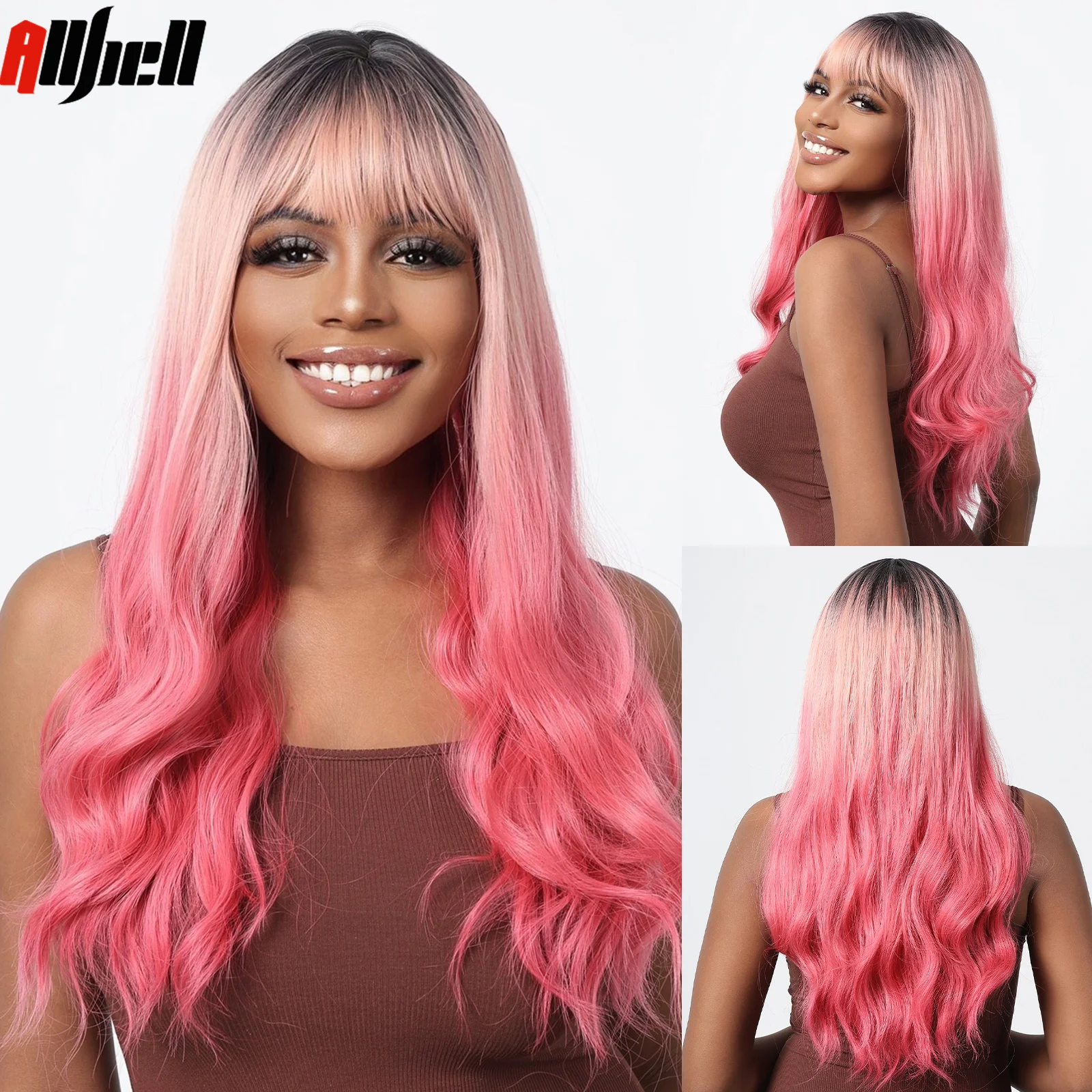

Long Fluffy Wavy Wig with Bangs Ombre Peach Pink Cosplay Hair Synthetic Wigs Dark Root for Women Party Lolita Halloween Costume