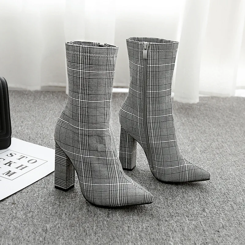 

Ladies Fall Winter Boots Fashion Side Zip Buckle Platform Heels Ankle Boots Casual Plaid Pointed Toe Botas Mujer spring Knight's