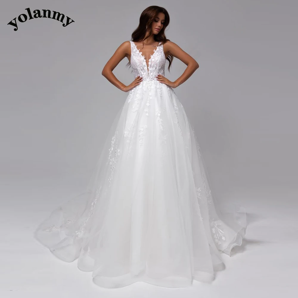 

YOLANMY Mordern V Neck Wedding Dresses Appliques For Mariages Pleat Court Train Lace Vestidos De Novia Brautmode Drop Shipping