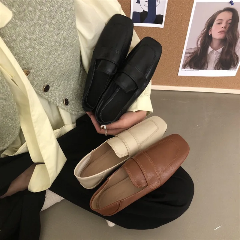 

Туфли женские в стиле ретро, мягкая кожа, квадратный носок, без застежки, однотонные лоферы, Повседневная универсальная офисная обувь, 2023