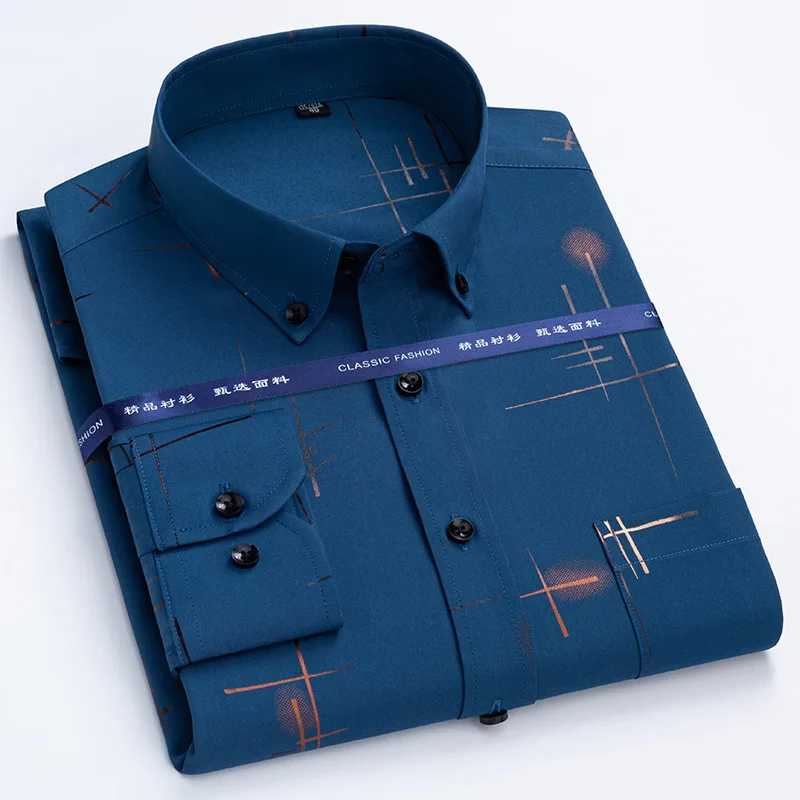 2022 New Cotton Oxford Spinning Square Neck Shirt Korean Spring and Autumn Long Sleeve Color Contrast Fashion Casual Men's Shirt