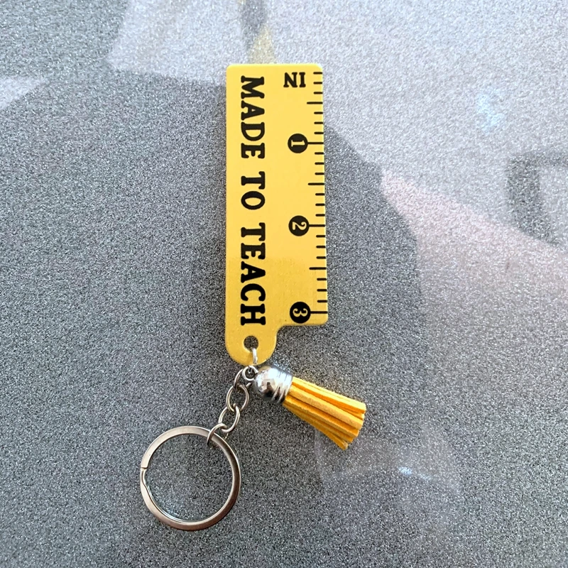 

2023 new stock mini ruler keychain inches bulk Made to Teacher krychain yellow tassel keychain