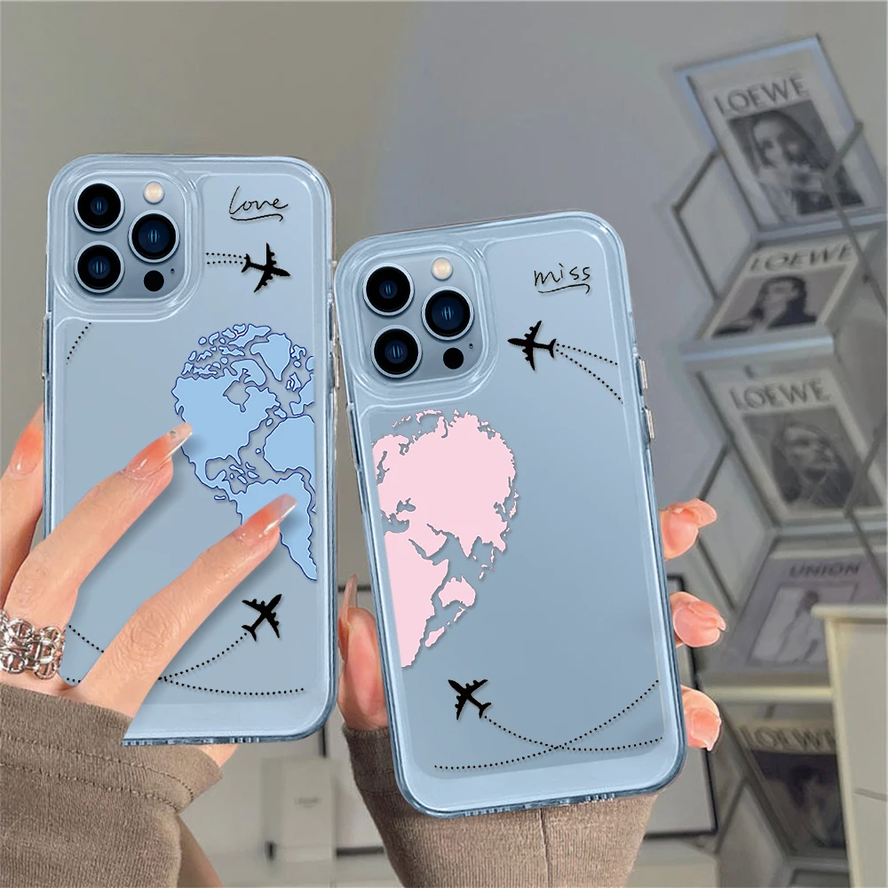 

World Map Clear Phone Case for iPhone 14 13 12 11 Pro Max Mini XS XR X Transparent Shell Cover for iPhone14promax Couple Fundas