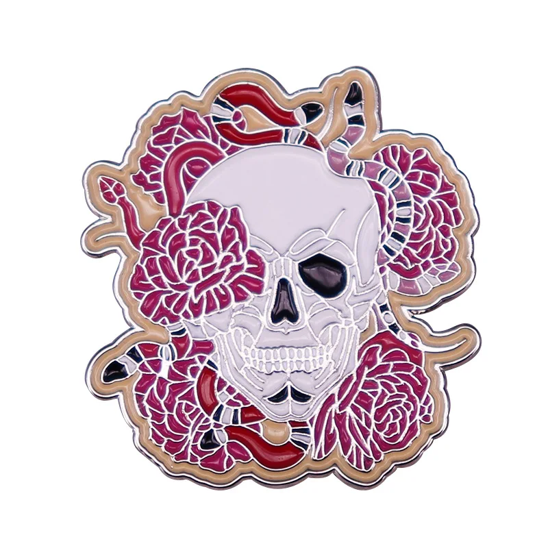 

The Snake Flowers Skull Fashionable Creative Cartoon Brooch Lovely Enamel Badge Clothing Accessories
