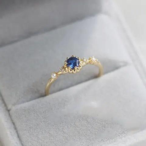 

Natural Pearl London Blue Zircon Ring Artistic Retro Ins Style Small Collection