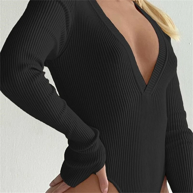 

Autumn Winter Long Sleeve Bodysuit Sexy Deep V Neck Slim Leotard Top for Women
