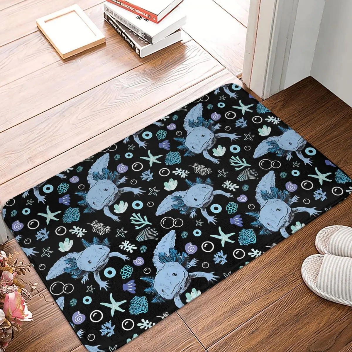 

Axolotl Lover Bath Mat Blue Coral Pattern Doormat Flannel Carpet Balcony Rug Home Decoration