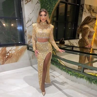 gold sequins prom dress high neck long sleeve pearls tassel mermaid side slit floor length party gown vestidos de gala 2022