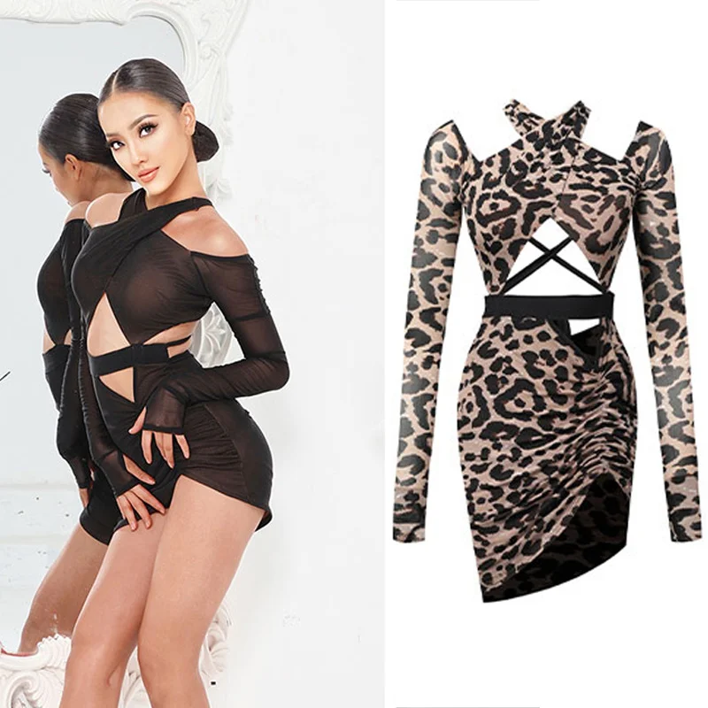 

Belt Backless Cross Latin Dress Sexy Black Irregular Sleeve Bevel Dress Latin Dance Costumes Dresses Salsa Dress SL5121