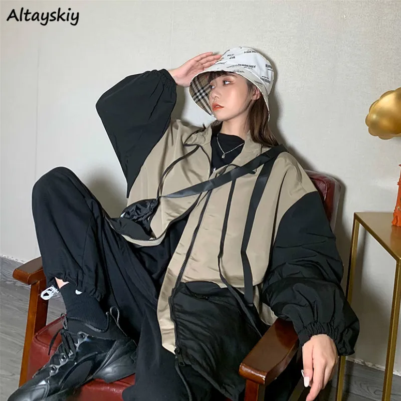 

Women Basic Jackets Patchwork Harajuku Hip-hop Loose Casual Coats Females Unisex All-match Streetwear Korean Style Kpop Outwear