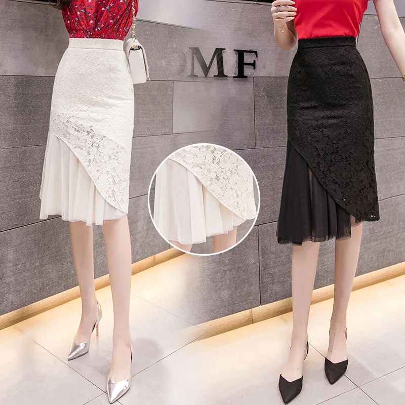 High Waist Black Fishtail Skirt Autumn Lace Long Ruffled A- line Skirt for Women Woman Skirts