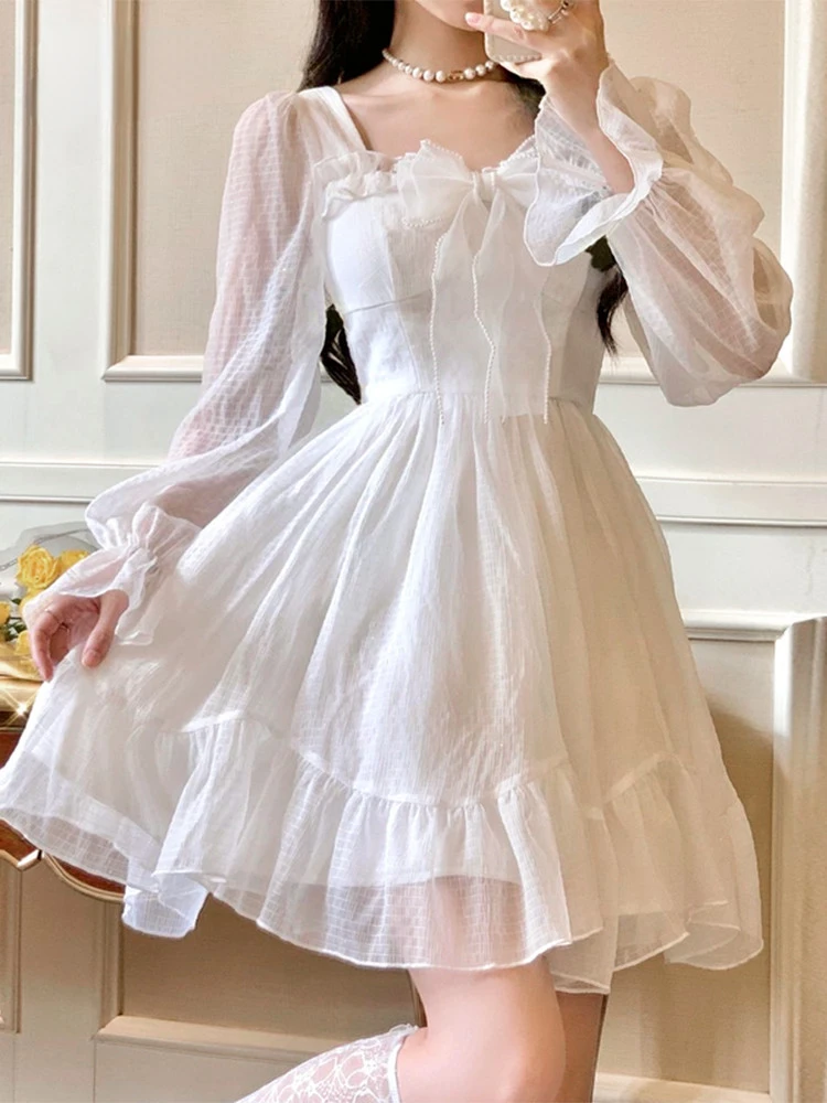 

Женское мини-платье в стиле «Лолита», с длинным рукавом и кружевом