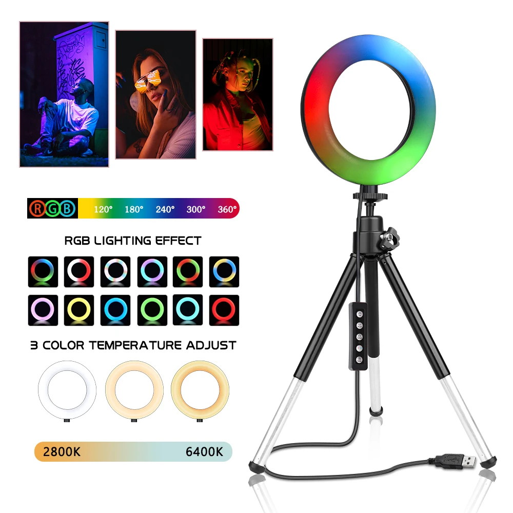 

6 Inch RGB Ring Light Influencers Lamp Marquee Mini LED Desktop Tripod Stand 16CM USB Video Live Broadcast Makeup Photography