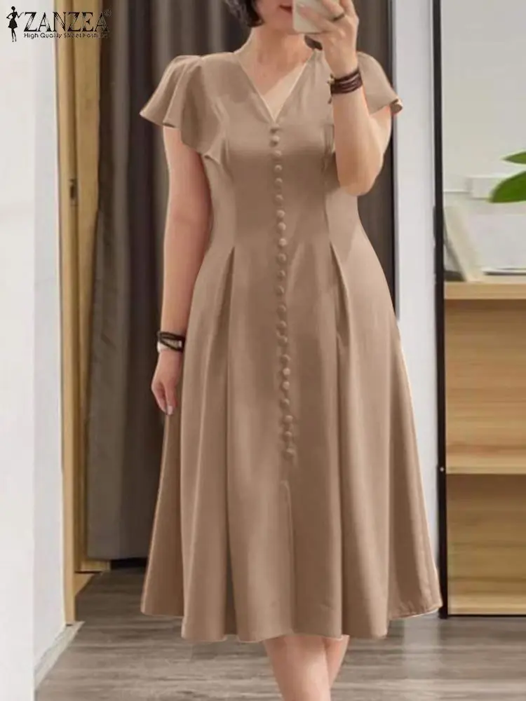 

ZANZEA Woman OL Work Dresses Summer A Line Elegant Dress Female Short Sleeve Solid Sundress V-Neck Ruffles Vestidos Stylish Robe